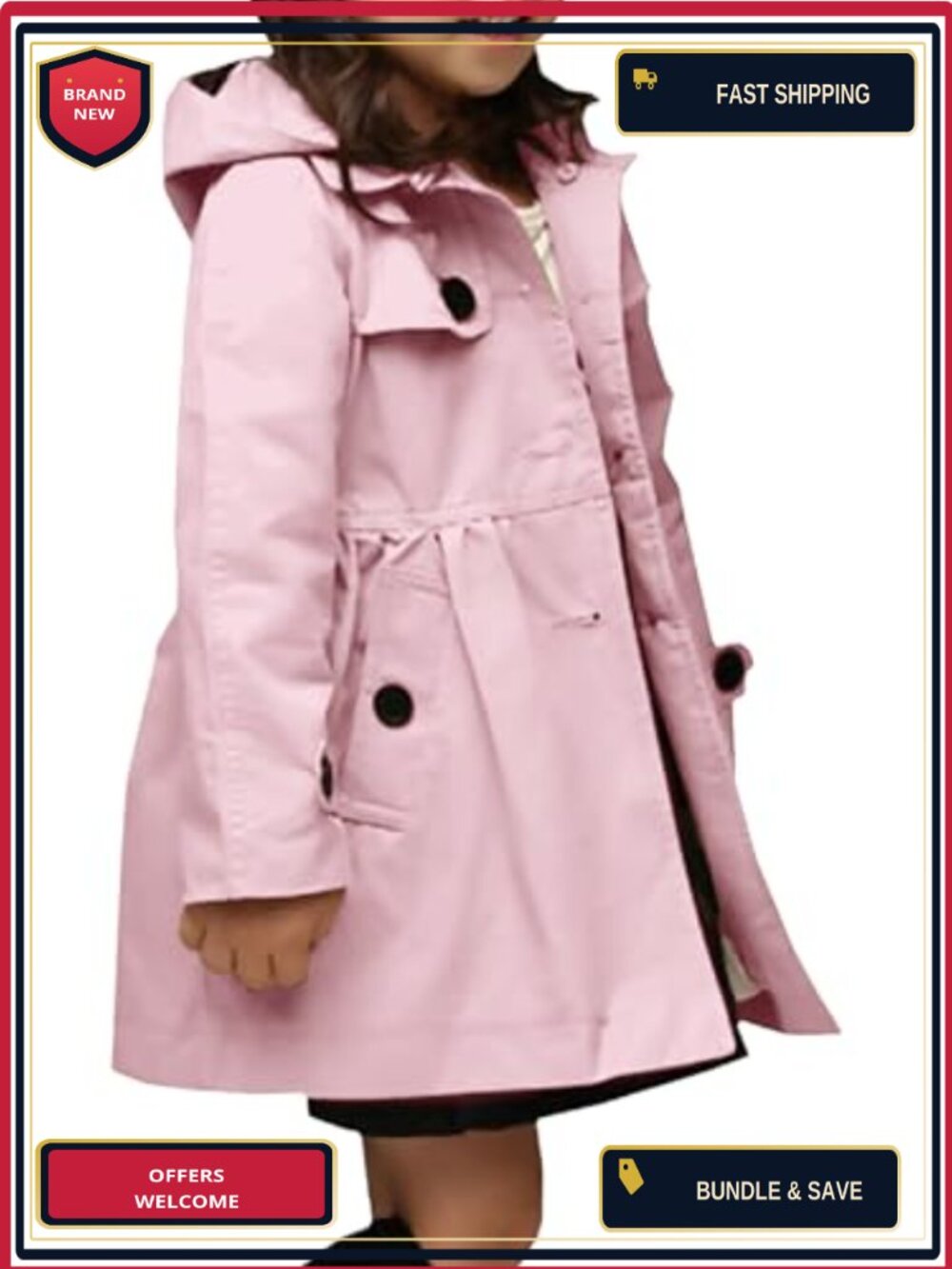 Girls Trench Coat with Removable Hood - Button Front Long Sleeve Cotton Blend